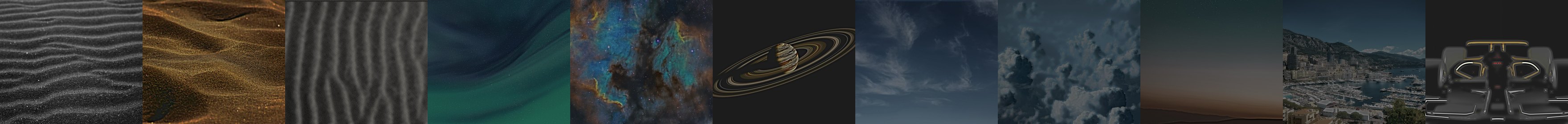 The eleven backdrops in their dark renditions, left to right: black volcanic sand, a golden dune, pale wind-combed sand, an aurora, a nebula, a ringed planet, cirrus cloud, a cumulus tower, a desert at dusk, a riviera harbour, and a night circuit.
