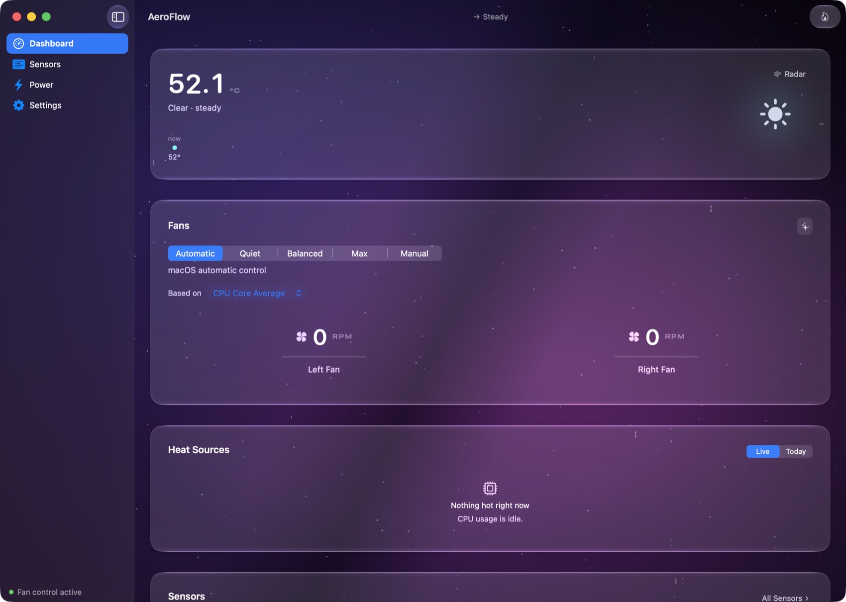 QuellHeat dashboard showing live temperature, fan modes and RPM for both fans on an Apple Silicon Mac