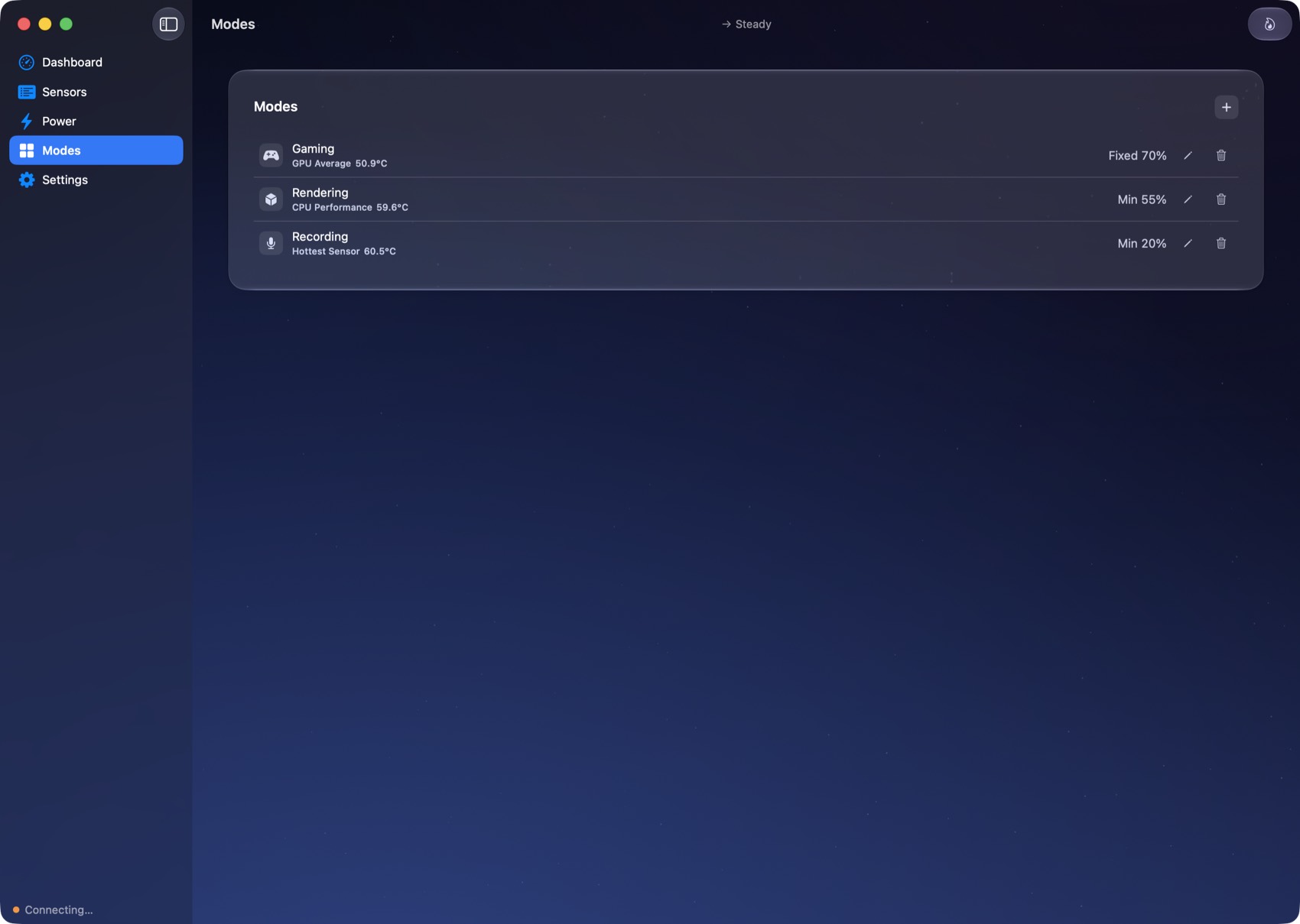 QuellHeat Modes tab with custom fan modes, each tied to its own trigger sensor