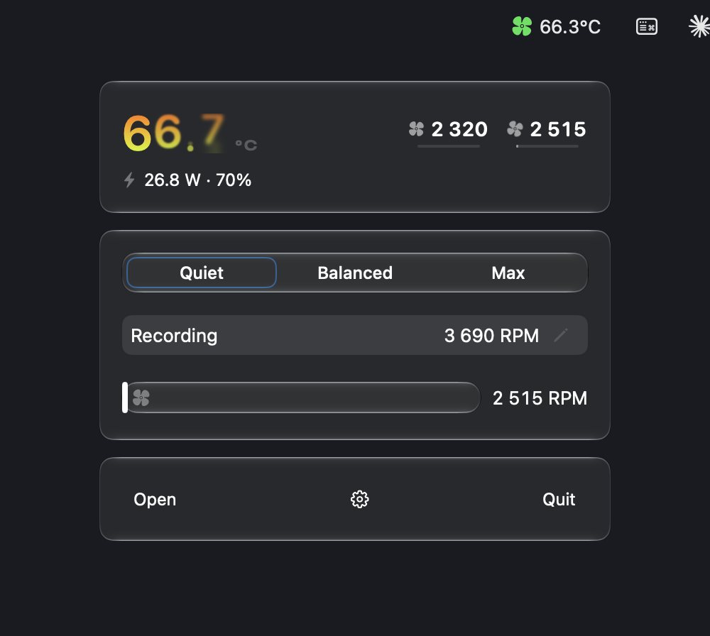 The summon panel: three floating glass tiles showing the live temperature, fan mode controls with a speed slider, and quick actions, summoned with a global hotkey.
