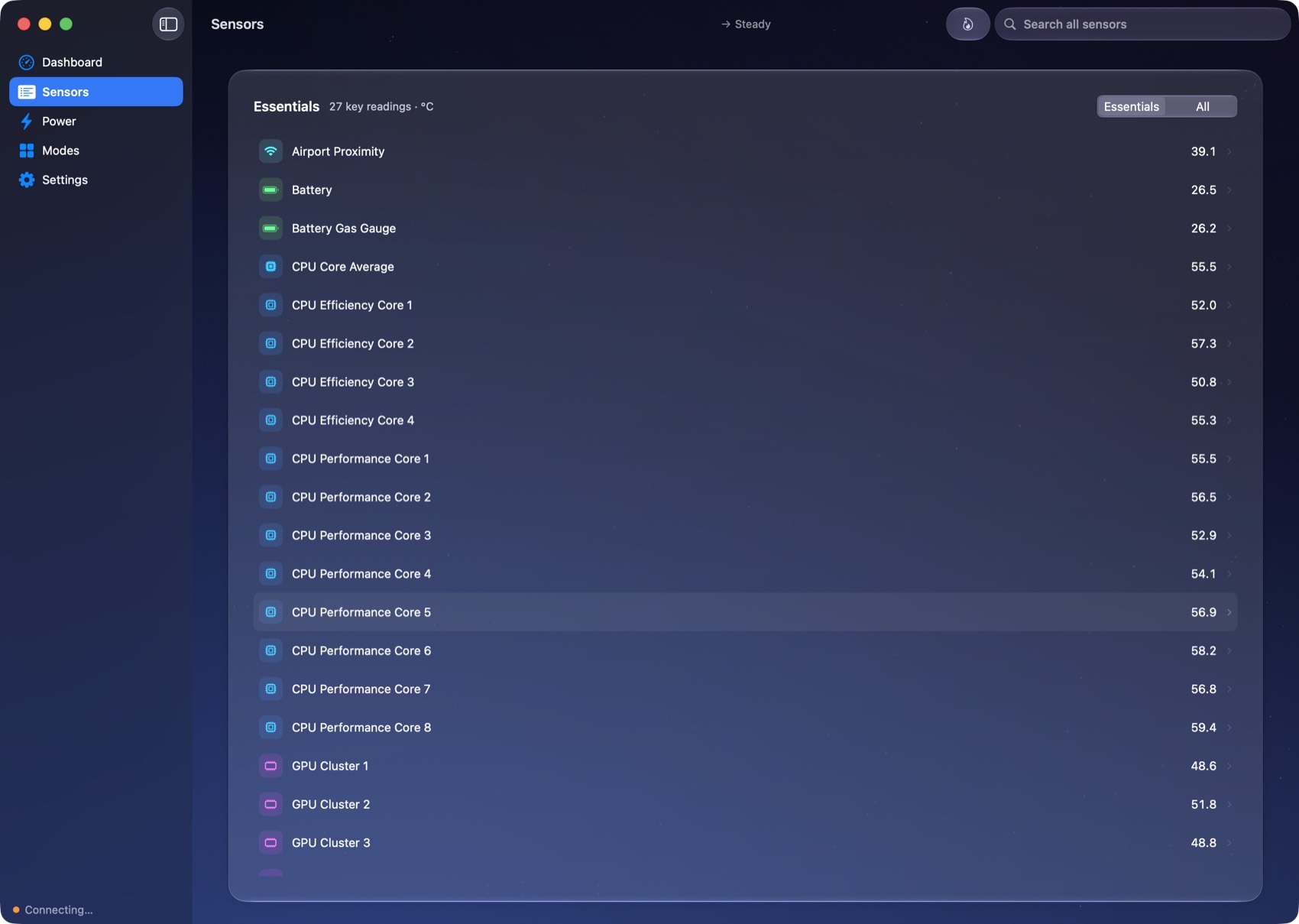 QuellHeat Sensors view listing every Mac thermal sensor with its live temperature